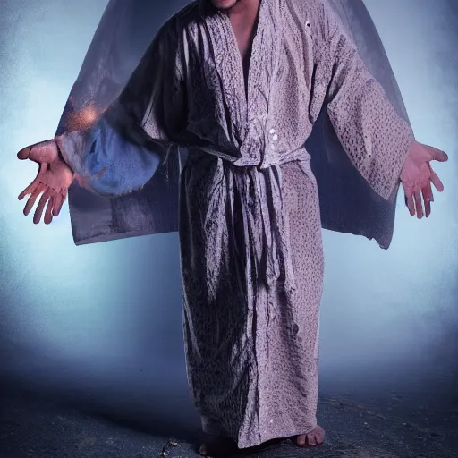 Image similar to highly detailed picture of a man with holes in his robes, religious man wearing clothes with huge rips, destroyed clothes, mystic, 8 k