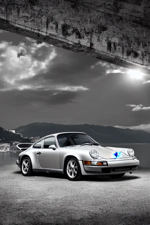 Prompt: Photo of a silver Porsche 911 Carrera 3.2 parked on a dock in Lake Como in the background, daylight, dramatic lighting, award winning, highly detailed, 1980s Versace ad, fashion photography, fine art print, best selling.