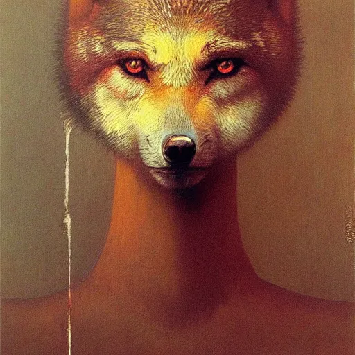 Prompt: portrait painting of wolf ((girl)) by Beksinski