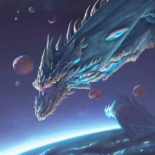 Image similar to Gigantic blue scaled humanoid dragon devouring an earth like planet while flying in space, sun system, behemoth, nebula, oil painting, by Fernanda Suarez and Edgar Maxence and Greg Rutkowski