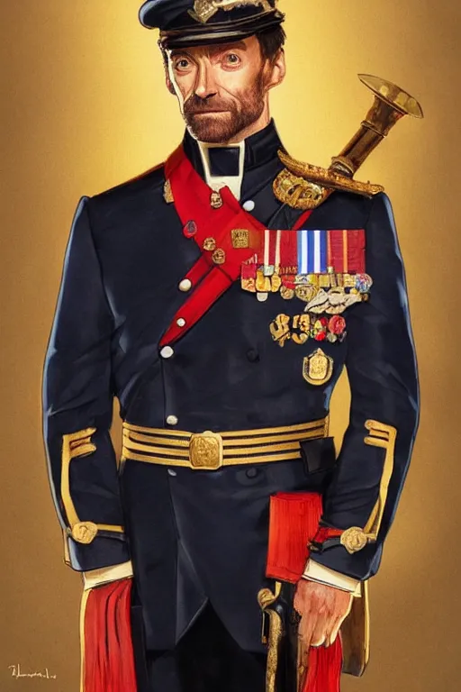 Image similar to Hugh Jackman in a Royal Navy uniform with medals on his jacket, holding a ceremonial sword, highly detailed, digital painting, Trending on artstation , HD quality, by artgerm and greg rutkowski and alphonse mucha, dramatic light, octane