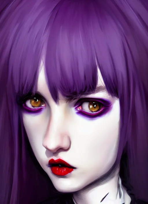 Image similar to portrait of white teenage girl, normal face, white bangs, mall goth, cyberlox, black and white hair, bangs, fluffy bangs, red contact lenses, purple lipstick, intricate, elegant, highly detailed, digital painting, artstation, concept art, sharp focus, smooth, illustration, art by wlop, mars ravelo and greg rutkowski