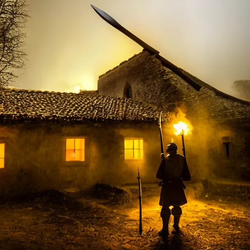 Prompt: a small medieval village at night time, orange glowing light filters out through the windows of the houses and a thin mist has settled around them, a lone guard stands watch armed with a spear and a flaming torch, dramatic, dark moody lighting, high quality