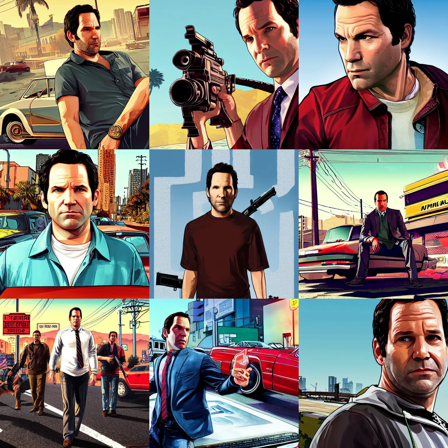 Prompt: paul rudd in gta v promotional art by stephen bliss, no text, very detailed, high quality, dramatic lighting, great likeness