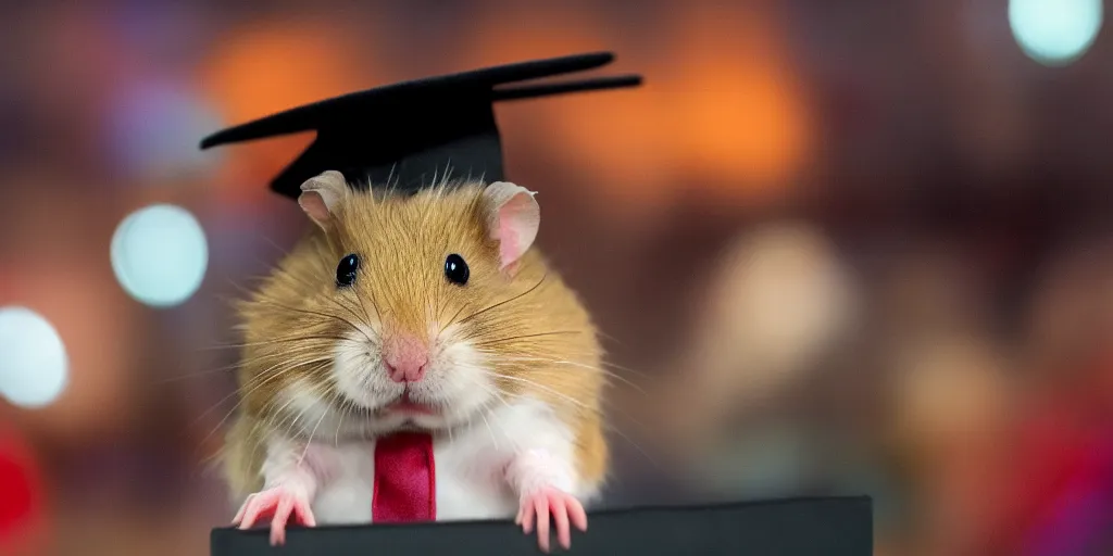 Prompt: An award-winning photo of a hamster in a graduate hat doing a speech from a speech tribune , volumetric lights, university, cinematic, 8K, award-winning photo, perfect moment