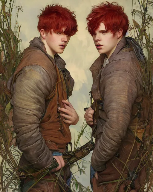 Prompt: portrait of short and stocky, 1 9 - year - old male twins with red hair and freckles, hyper realistic face, beautiful eyes, fantasy art, in the style of greg rutkowski, intricate, alphonse mucha, hyper detailed, smooth