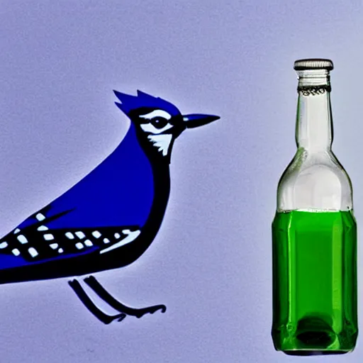 Image similar to bluejay next to a bottle of mountain dew