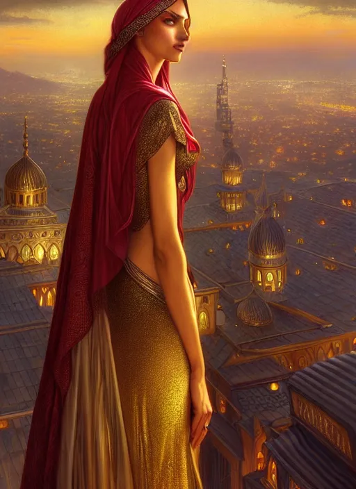 Image similar to an arabian princess looking over her city at night in the rain, shiny, fantasy, intricate, elegant, hyper detailed, ultra definition, photoreal, artstation, unreal engine rendered, concept art, smooth, sharp focus, illustration, art by artgerm and greg rutkowski and alphonse mucha and garis edelweiss