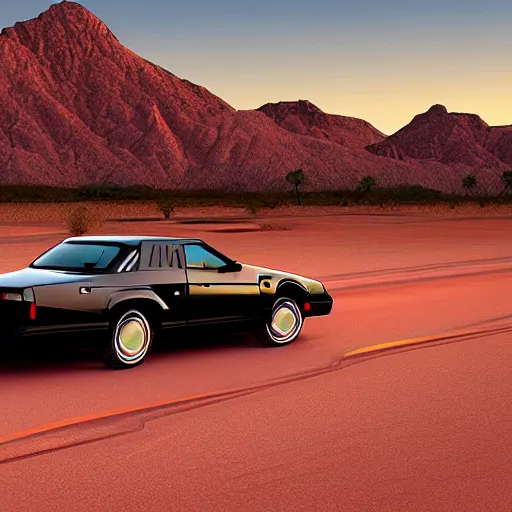 Prompt: a black 1990 Thunderbird super coupe driving on a desert highway viewed from the rear at sunset, photorealistic