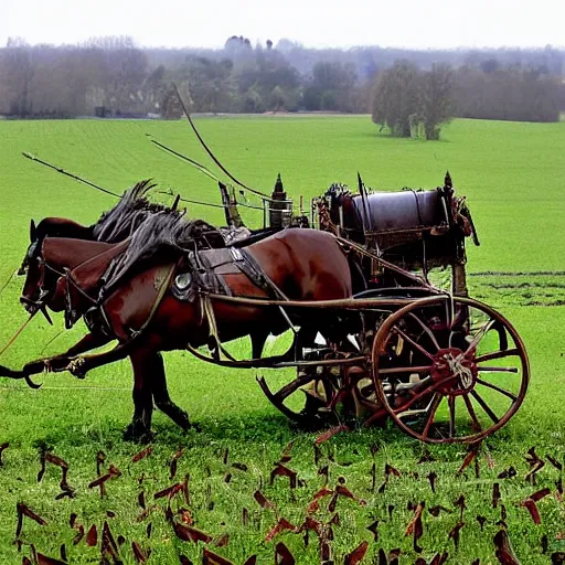 Prompt: a horse drawn chariot rots in a field in flanders, the medals of dead soldiers glisten in the red mud