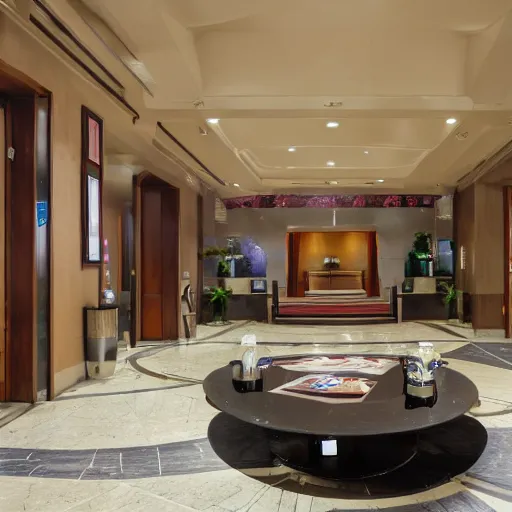 Image similar to wide angle view of an elegant metro hotel lobby, modern anime style, official anime still