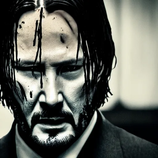 Image similar to A wet-collodion styled portrait of John Wick. Depth of field, smoke, high contrast, extremely detailed.