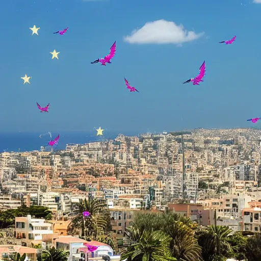 Prompt: a colorful vivid view of haifa with detailed flying unicorns in the sky