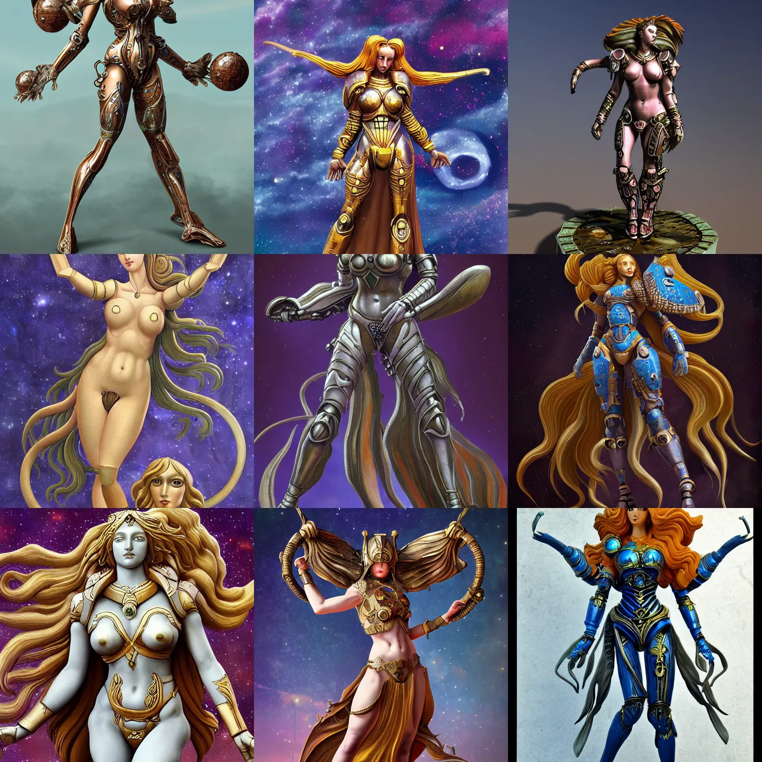 Image similar to venus goddess in ancient alien planet sci-fi armor, in the style of sandro botticelli, stylized, highly detailed, trending on artstation, award winning, painted warhammer miniature