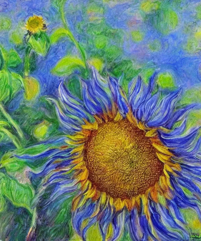 Image similar to sunflower, water painting, monet, heavenly, sun rays, intricate, colorful, highly detailed, soft tones