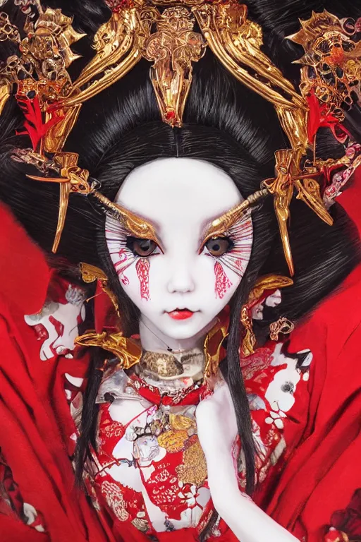 Prompt: 7 0 s album cover of an avant - garde japanese bjd geisha vampire queen with in victorian red dress in the style of dark - fantasy lolita fashion painted by yoshitaka amano, takato yamamoto, christopher shy, dmt art, symmetrical vogue face portrait, intricate detail, artstation, cgsociety, artgerm, gold skulls, rococo