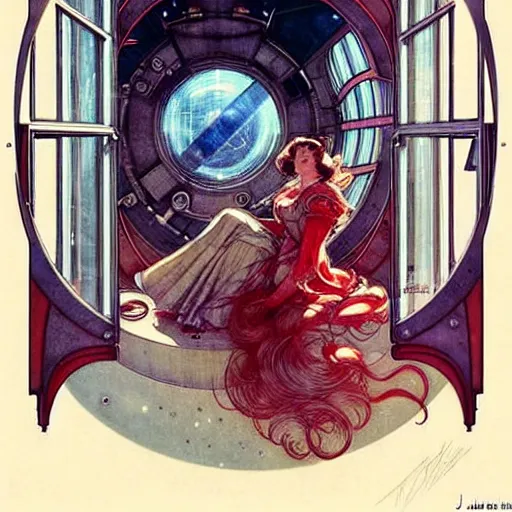 Image similar to ( ( ( ( ( 1 9 5 0 s retro future intricate machine spaceship large window. muted colors. art nouveau ) ) ) ) ) by jean baptiste monge!!!!!!!!!!!!!!!!!!!!!!!!! chrome red