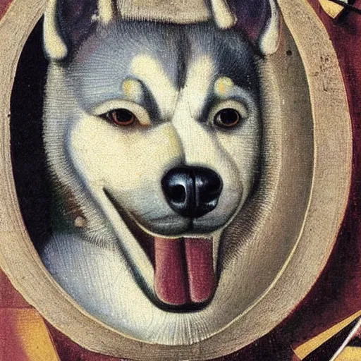 Prompt: a cute husky painted by hieronymus bosch