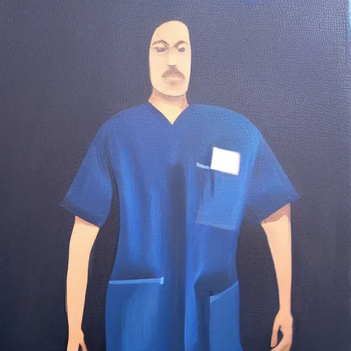 Image similar to lonely male nurse in dark blue scrubs, painting, dark colors, contrast, dark background