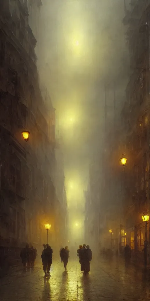 Image similar to a street of a city in 1 9 4 0 with yellow light on from the windows during the night, a men stand up under a light, mystical red fog, oil on canvas, art by andreas achenbach, clemens ascher, tom bagshaw and sabbas apterus,