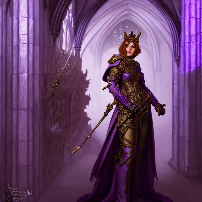 Image similar to d & d bard with her lilac leather armor in a cathedral, volumetric lighting, fantasy, intricate, elegant, highly detailed, lifelike, photorealistic, digital painting, artstation, fox ears illustration, concept art, sharp focus, by john collier and albert aublet and krenz cushart and artem demura and alphonse mucha
