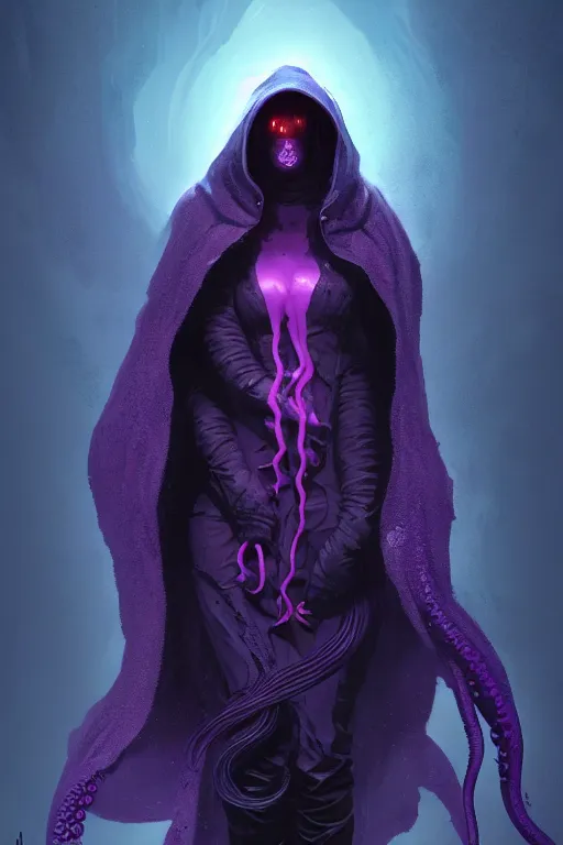 Image similar to A full body portrait of a mysterious character with no face with a very long hooded dark purple cloak tentacles coming out the ground art by Maciej Kuciara and Jason Chan, ominous, cosmic horror, trending on artstation, detailed, realistic 4k