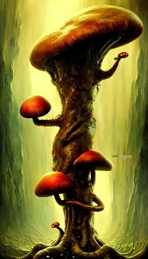 Prompt: exquisite imaginative imposing weird creature movie poster art humanoid hype realistic mushroom movie art by : : weta studio tom bagshaw james jean frank frazetta