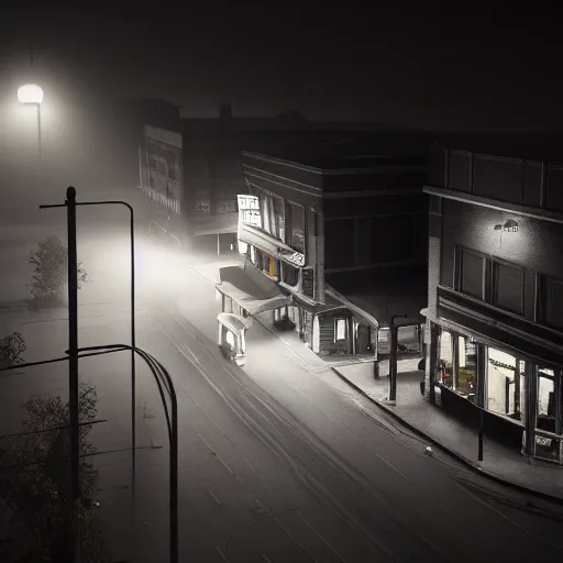 Image similar to A stunningly beautiful award-winning 8K high angle from 3rd floor cinematic movie photograph looking down diagonally across a spooky dark very foggy empty lightless moonlit main street intersection in an abandoned 1950s small town at night. perfect composition, moody low key backlit. Color palette from Seven, greens yellows and reds. 2 point perspective. Octane render