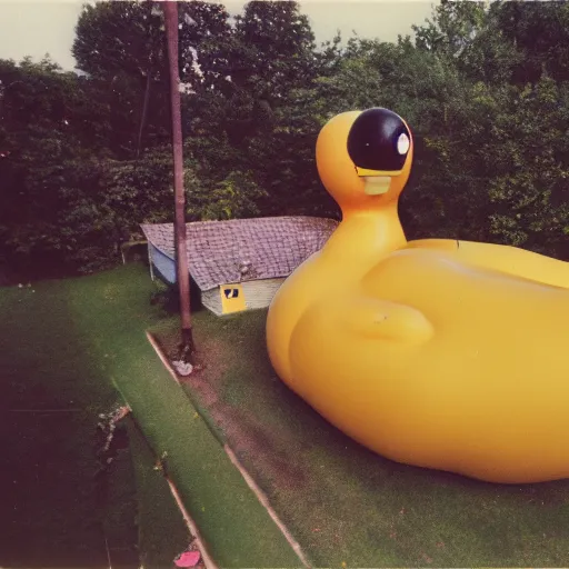 Image similar to a very beautiful picture of a giant rubber duck on the roof of an house, polaroid