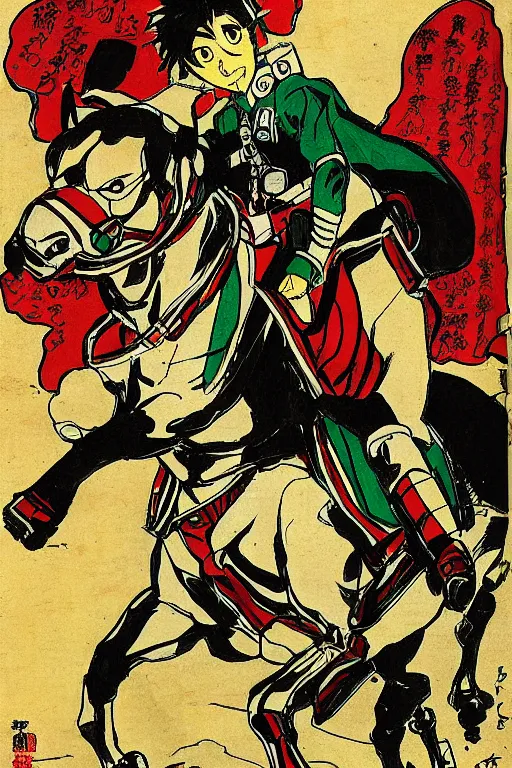 Prompt: kamen rider v 3 riding a horse, by kuniyoshi utakawa
