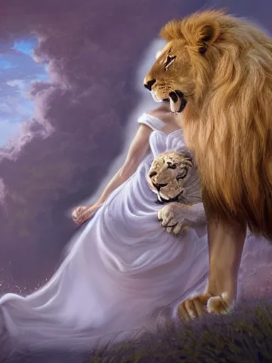 Image similar to a woman and a lion, wearing a cute white dress adorned with flowers, dominating a ferocious lion. intricate, elegant, highly detailed, digital painting, artstation, concept art, sharp focus, illustration, by justin gerard and artgerm, 8 k