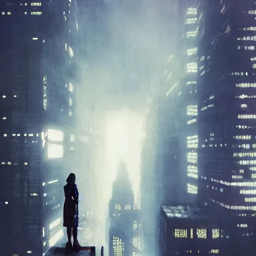 Image similar to “ girl standing on a roof looking down at a foggy futuristic new york city below, ghostpunk, blade runner, cyberpunk, brutalist, very detailed, by george bellows ”