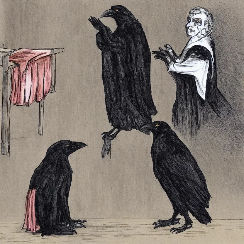 Image similar to a crow wearing judges robes sentences a cat to death for the crime of genocide, courtroom drawing
