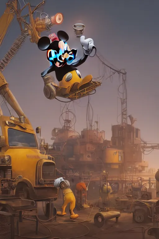 Image similar to workers / mechanic working on mickey mouse giant head, low cinematic lighting, front lit, beeple, cgsociety, unreal engine, octane render, trending on art station, highly detailed 4 k art, intricate, hyperr realistic