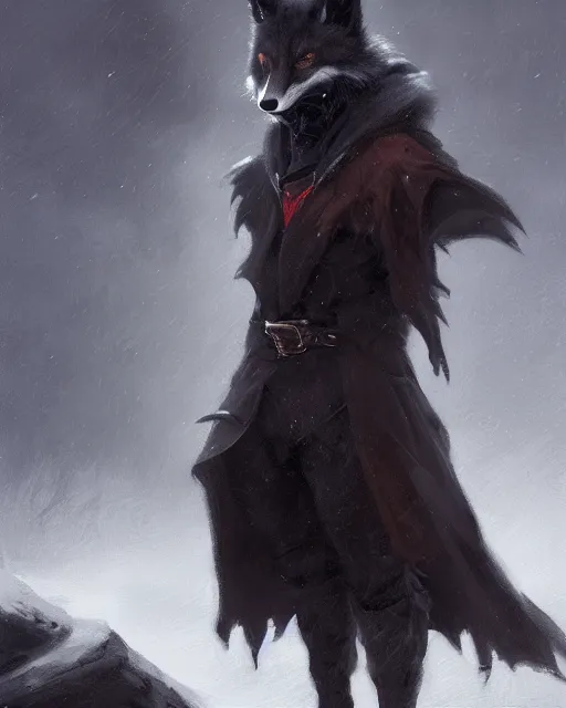 Image similar to oil painting of Anthropomorphized dark Fox thief, wearing dark cloak, mischievous look, full body, sharp focus, fantasy style, octane render, volumetric lighting, 8k high definition, by greg rutkowski, highly detailed, trending on art Station, magic the gathering artwork, dark city backround