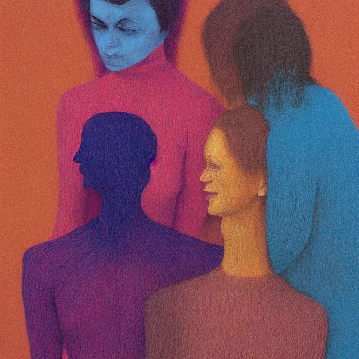 Image similar to portrait of women made of colorful threads hugging Edward Hopper and James Gilleard, Zdzislaw Beksinski, highly detailed