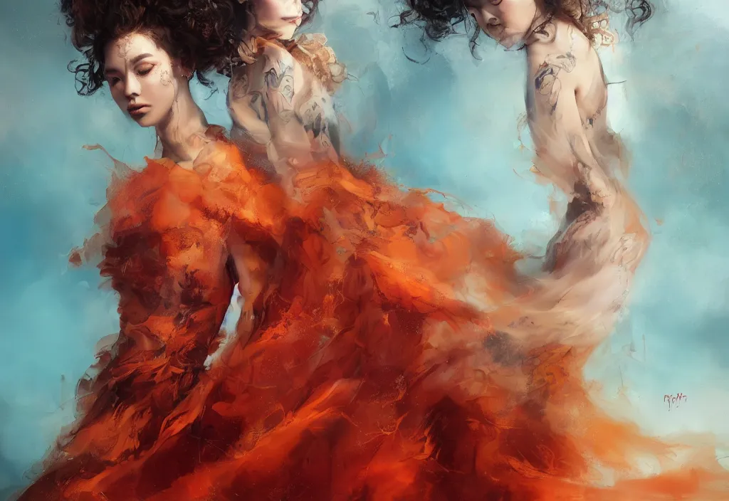 Image similar to full body portrait of a duo of 1 9 years old girl figures, curly messy high bun hairstyle, oriental tattoos, jewelry, subject wearing a high fashion gown, flowing, beautiful, dramatic, cinematic lighting, orange, taupe, fire red, few vivid turquoise highlights, by ross tran and jeremy mann, artstation, pixiv, oil on canvas