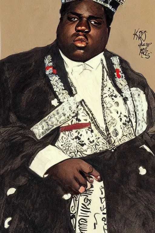 Image similar to portrait of biggie smalls with kings crown and royal outfit, modern, eclectic, illustration, by ramon casas