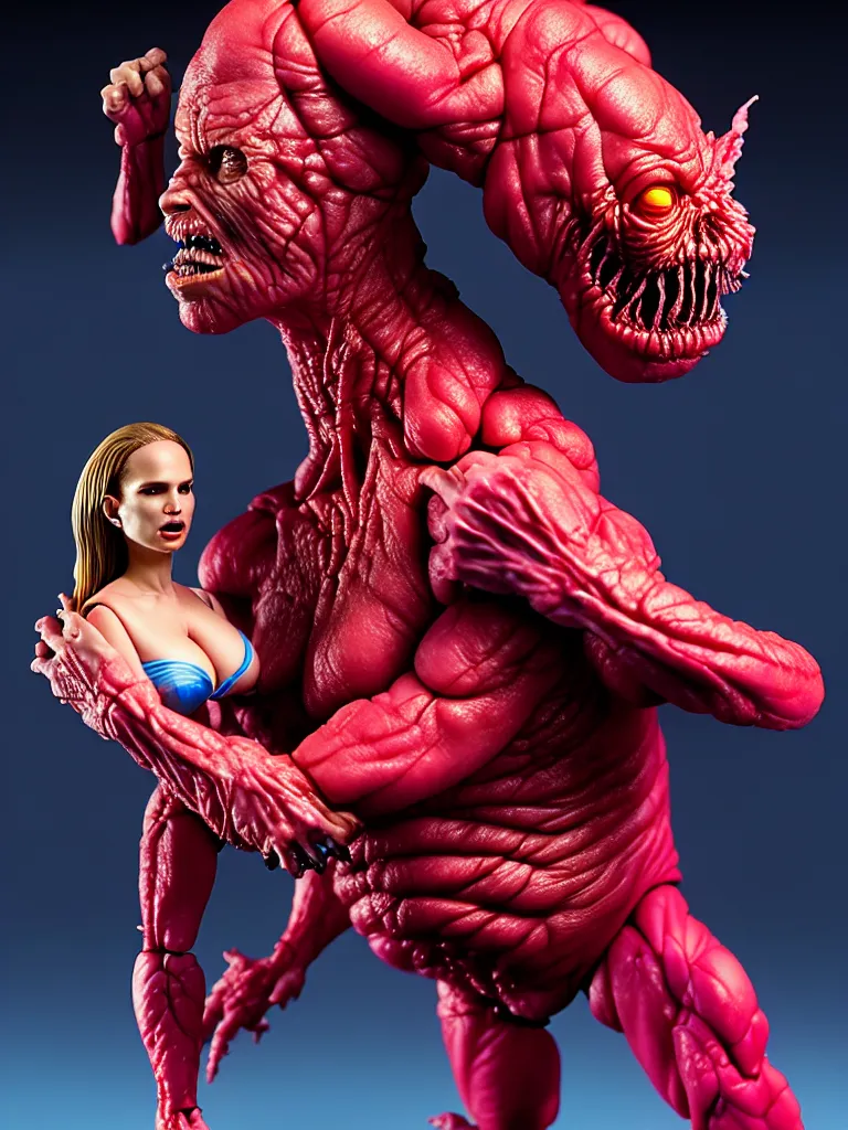 Image similar to hyperrealistic rendering, fat smooth john carpenter flesh monster natalie portman by bernie wrightson and killian eng and joe fenton, product photography, action figure, sofubi, studio lighting, colored gels, colored background