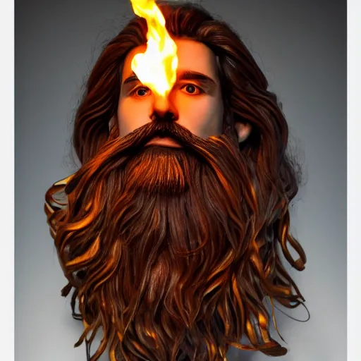 Prompt: a flawless, purely fire sculpture of a man with long hair, with trimmed beard, smiling widely. sculpture made of fire, extremely detailed, award-winning art, trending on Artstation