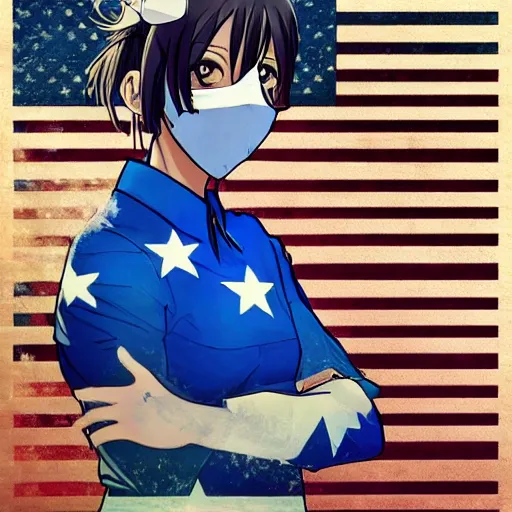 Image similar to a woman in a blue shirt with an american flag on her face, an anime drawing by ei - q, featured on pixiv, superflat, flat colors, anime