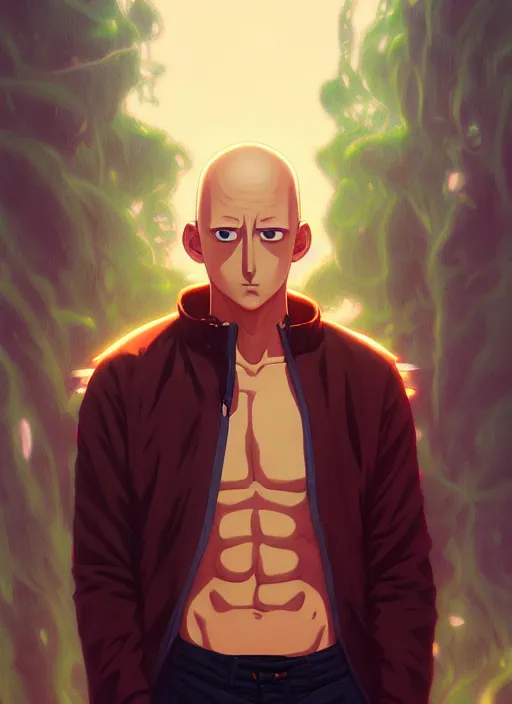 Prompt: handsome saitama, half body shot, path traced, environment, highly detailed, high quality, digital painting, alena aenami, lilia alvarado, shinji aramaki, karol bak, alphonse mucha, tom bagshaw