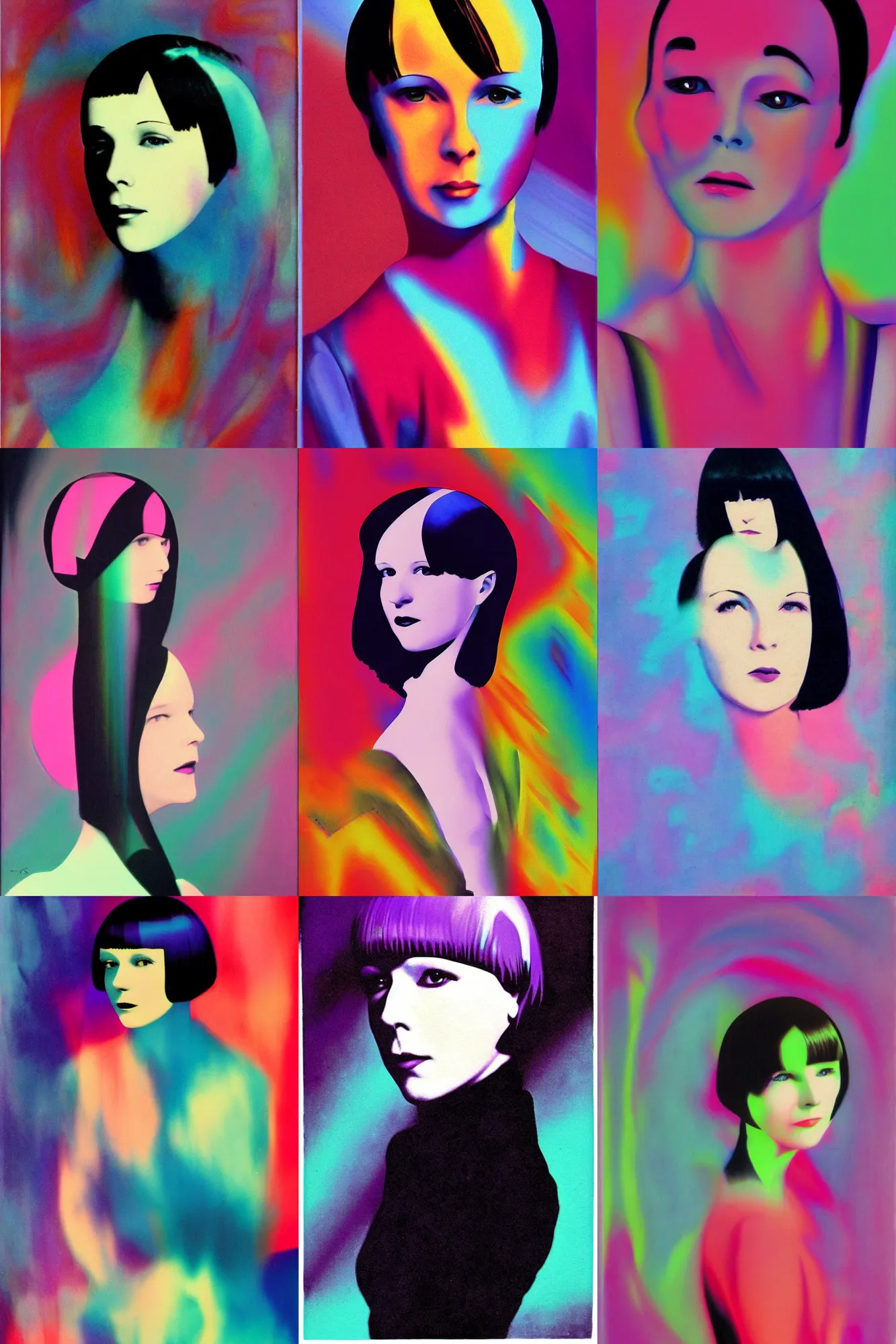 Prompt: portrait of mary louise brooks age 2 5, synthwave colours, op art, vapourwave