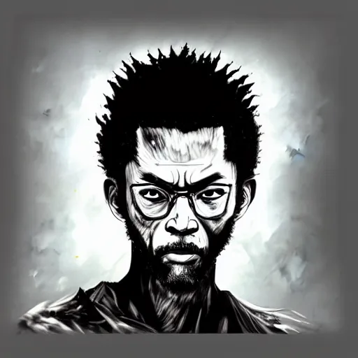 Image similar to creative illustration photo realistic intense lighting afro samurai portrait