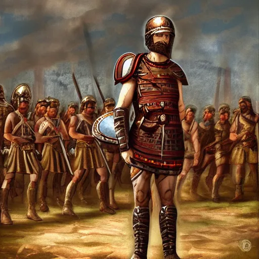 Image similar to a roman soldier in front of his army, ancient rome, digital art, steal armors