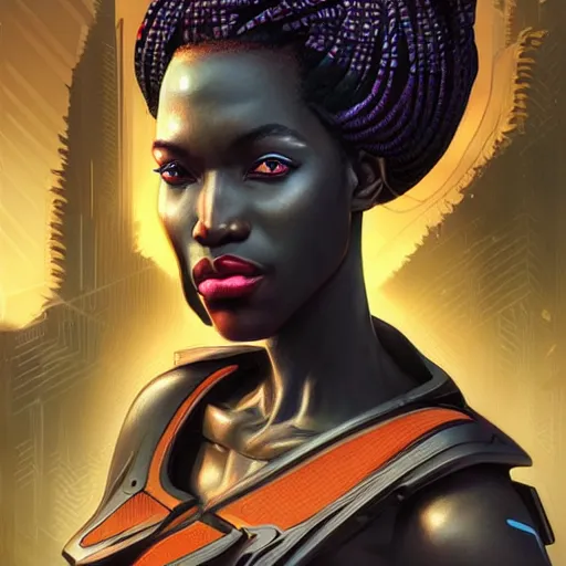 Image similar to african cyberpunk huntress, science fiction, highly detailed, digital painting, beautiful eyes, symmetry, concept art, sharp focus, illustration, global illumination, radiant light, synthwave colors, detailed and intricate environment, art by artgerm and greg rutkowski and magali villeneuve and ilya kuvshinov!