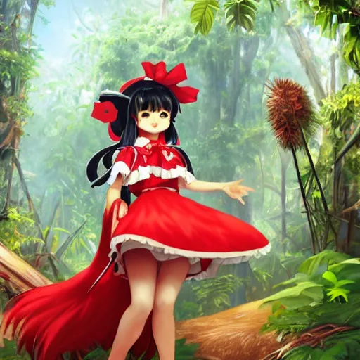 Image similar to a imaginefx cgsociety of reimu in the jungle wearing bonnet