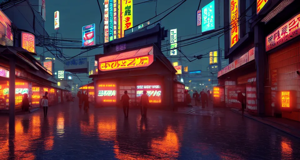 Prompt: photorealistic!! ground level front view, sunset outside a tokyo marketplace after rain, bright neon signs, very dramatic lighting, mecha unreal engine 5, marmoset toolbag, ( cyberpunk )