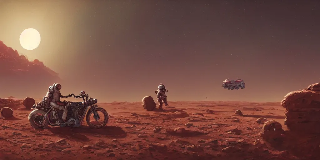 Image similar to american astronaut driving a motorcycle in mars, tribe members chasing, action scene, an epic fantasy, dramatic lighting, cinematic, establishing shot, extremely high detail, photorealistic, cinematic lighting, artstation, octane render, by simon stalenhag, horizon forbidden west