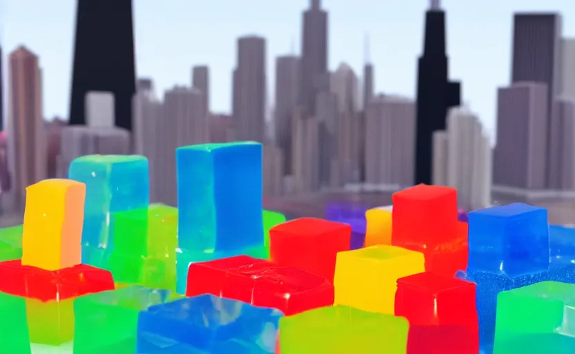 Prompt: blocks of colorful jello in the shape of the chicago skyline by anthony danielle and ray canlas jr, photorealistic, tilt shift, shallow depth of field, unreal engine render, octane render, 8 k